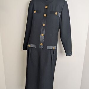 Vintage Irving Samuel Wool Sheath Dress, Gold Buttons, Chanel-Inspired, Size 8